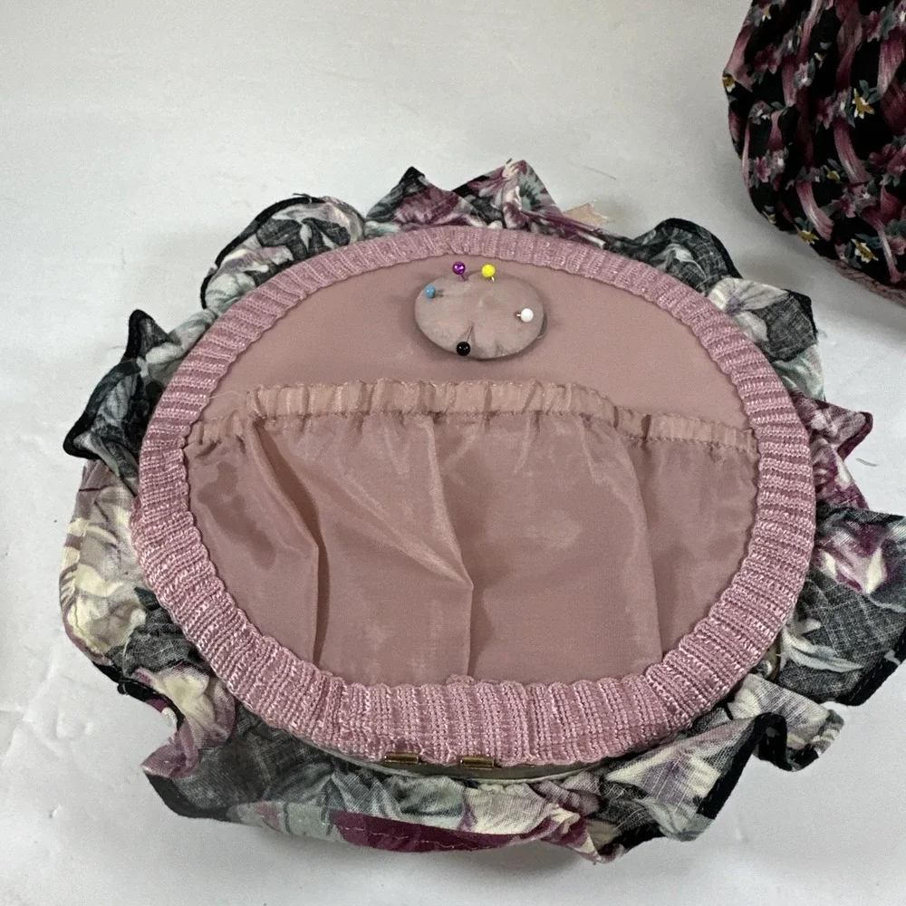 Vintage Fabric Sewing Box With Handle Floral Storage Black Purple Pink Green